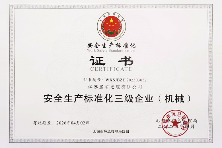 寶安電纜被評定為“安全生產(chǎn)標(biāo)準(zhǔn)化三級企業(yè)”